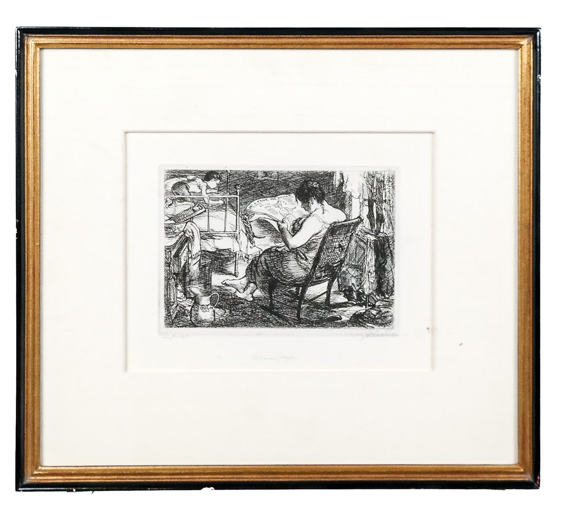 John SLOAN "The Women's Page" Etching: John Sloan (American, 1871-1951) "The Women's Page" etching, 1905, from New York City Life, marked 100 proofs to lower left, titled to center, and signed John Sloan in graphite to lower right, in a fr