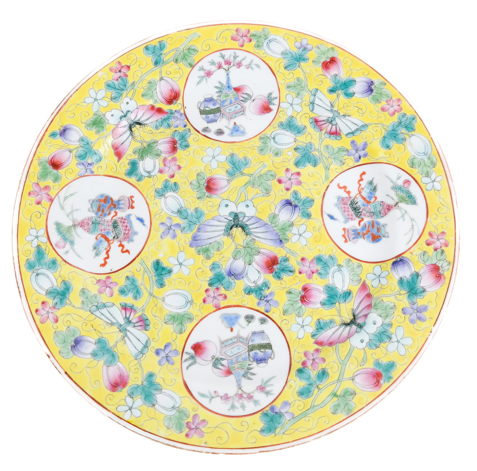 Chinese Guangxu Period Famille Rose Plate: Chinese Guangxu period Famille Rose vase, late 19th century, with elaborate insect, foliate, and archaic object decoration to upper and bat decoration to lower, marked Qing Dynasty, Guangxu Period to 