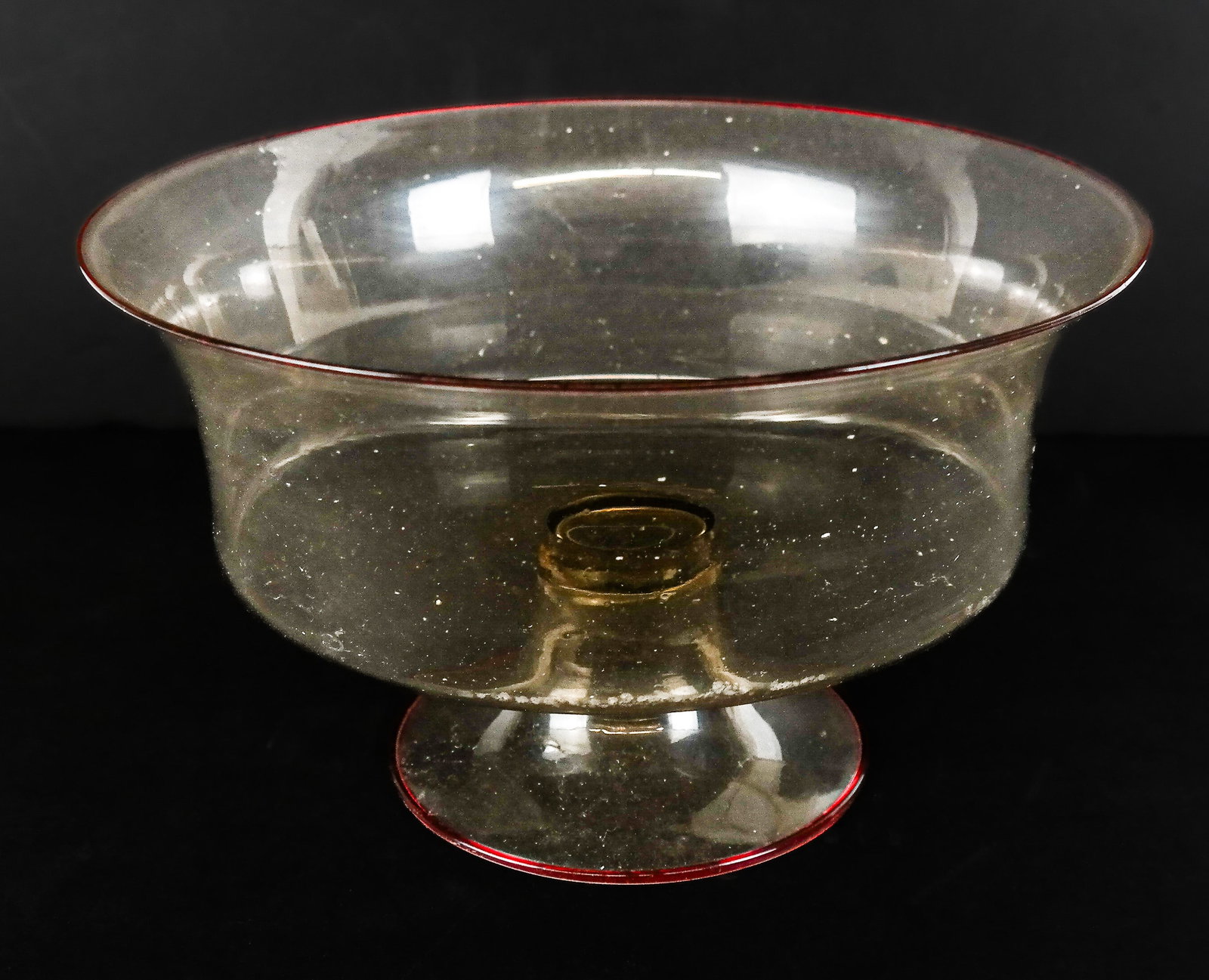 Murano Glass Trifle Bowl: Murano glass trifle bowl, Italian 20th century, with red rigaree detail to lip and base, apparently unsigned. [6" H x 9.5" Diameter]. Condition is good. From the Collection of Susan and Cliff Freeman