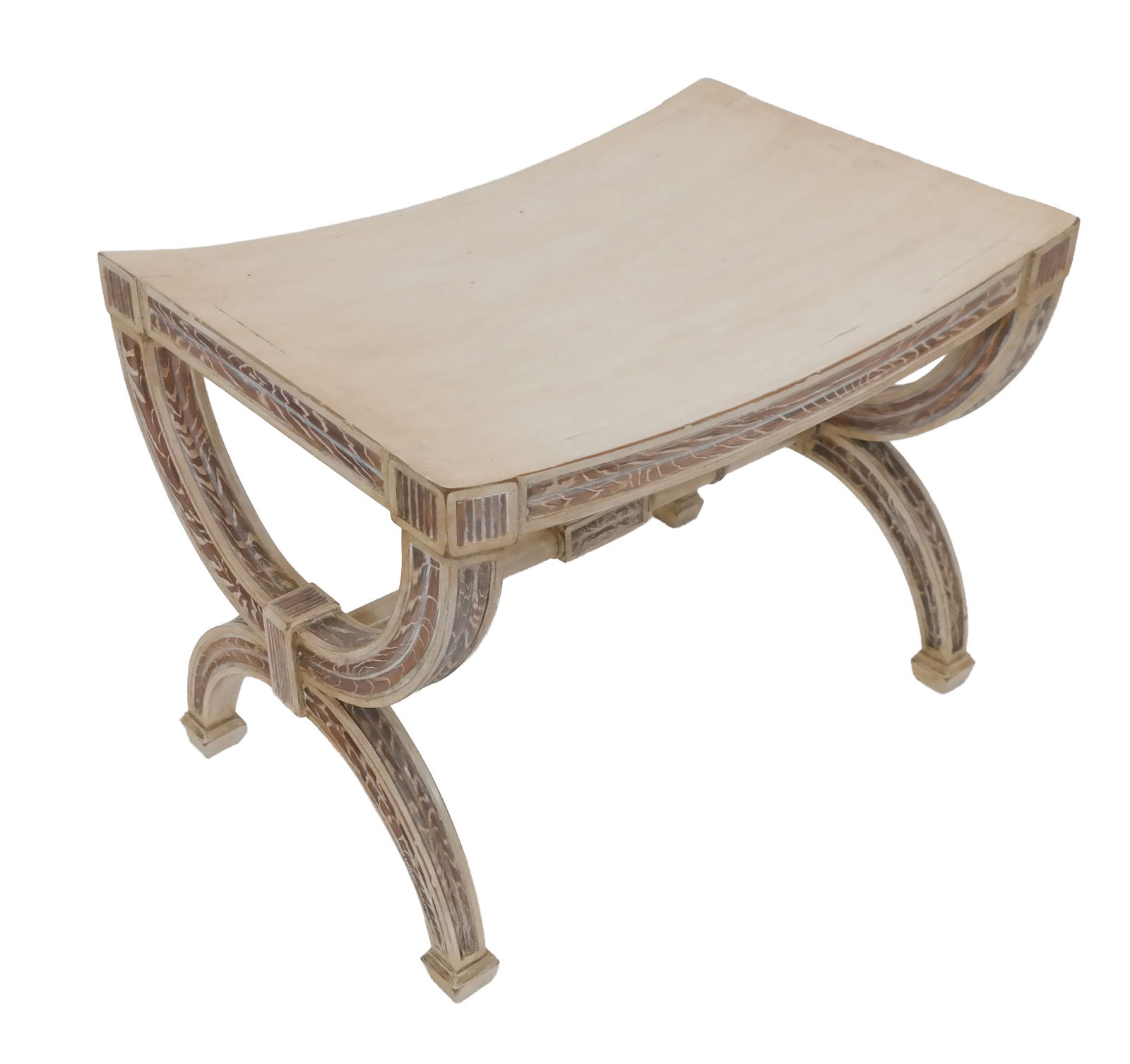 Regency Modern Painted Bench: 20th century Regency Modern painted scoop seat "X"-frame bench with detailed carved scale-form trim. [20" H x 27" W x 18" D].