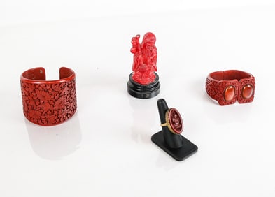 Group of Carved Cinnabar Jewelry, and Faux Figure,