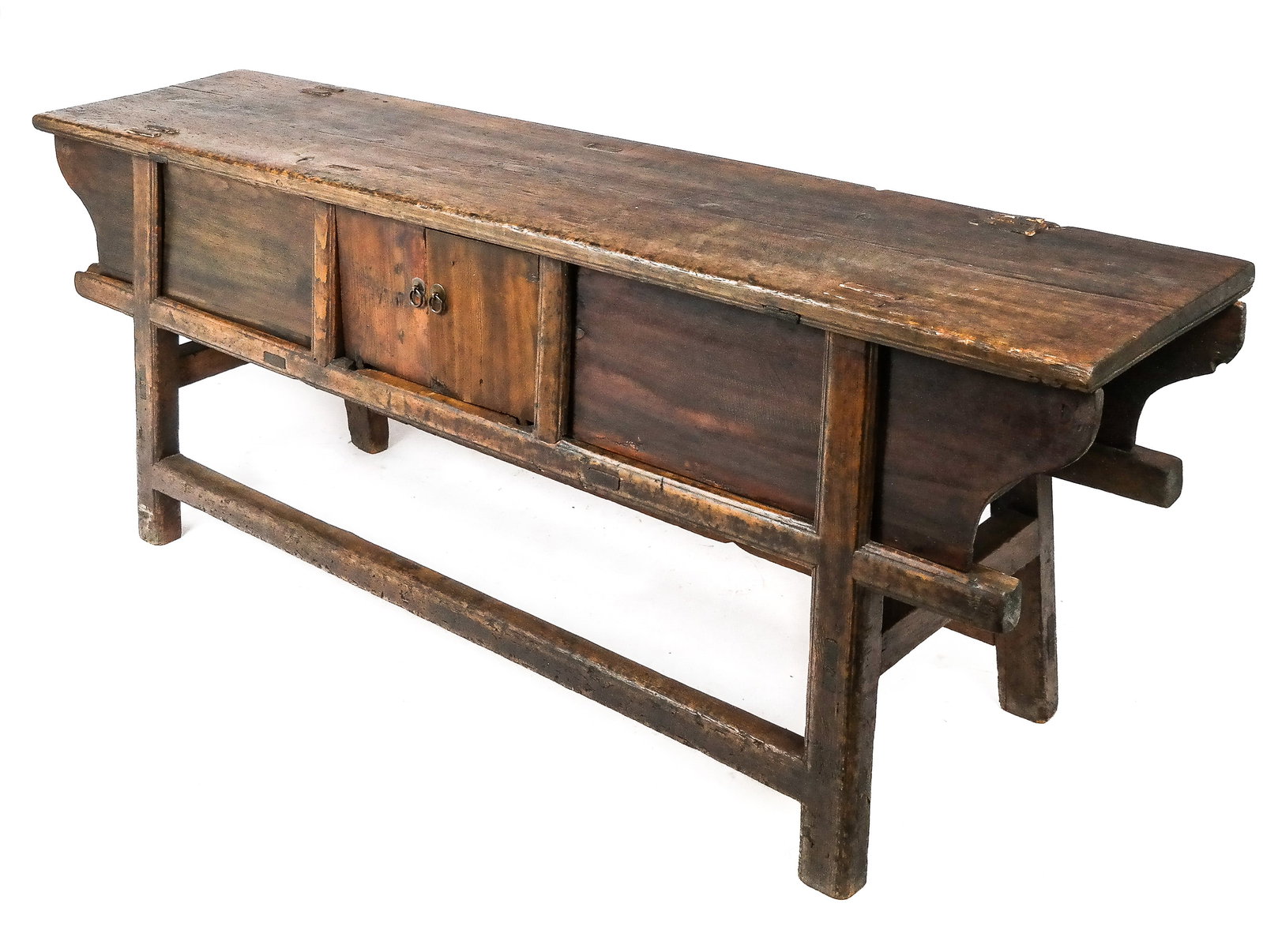 Chinese Altar Table: Chinese altar table, 19th century or earlier, with doweled joinery of long top and middle doors and panel sides, with base stretchers, on heavy legs. [32" H x 86" W x 21" D]. From the Estate of Ronald