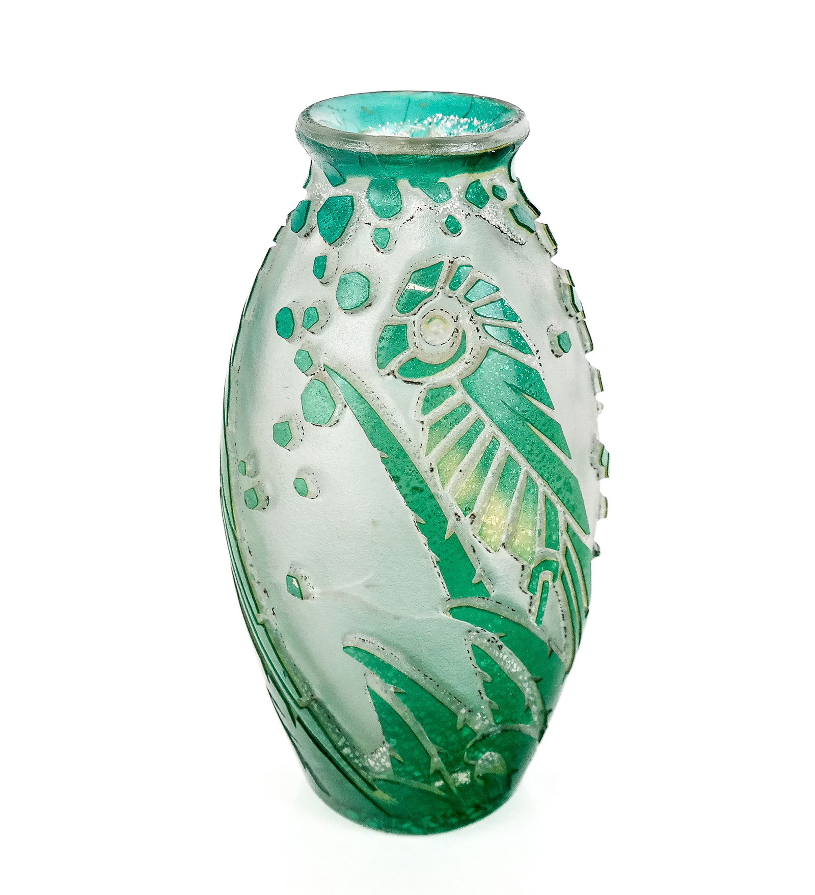 Muller Freres Art Nouveau Cameo Glass Vase: Muller Freres Art Nouveau cameo and etched glass vase, circa 1920, with a green repeating parrot design and silver accents, marked Muller Freres, Luneville to base. [10.25" H x 6" Diameter]. Condition