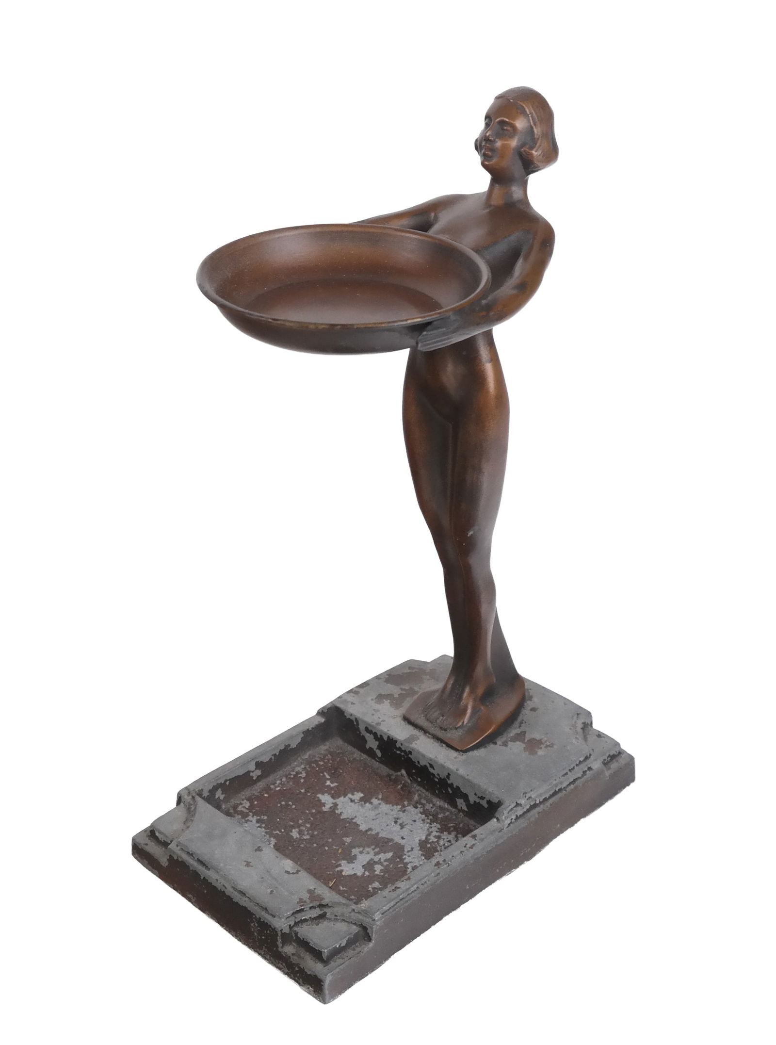 Frankart-Style Figural Card Holder: Art Deco metal sculptural card holder modeled as a nude woman holding a tray, with brown patina. [11.5" H x 4.5" W x 6.75" D]. From a New York City collection.