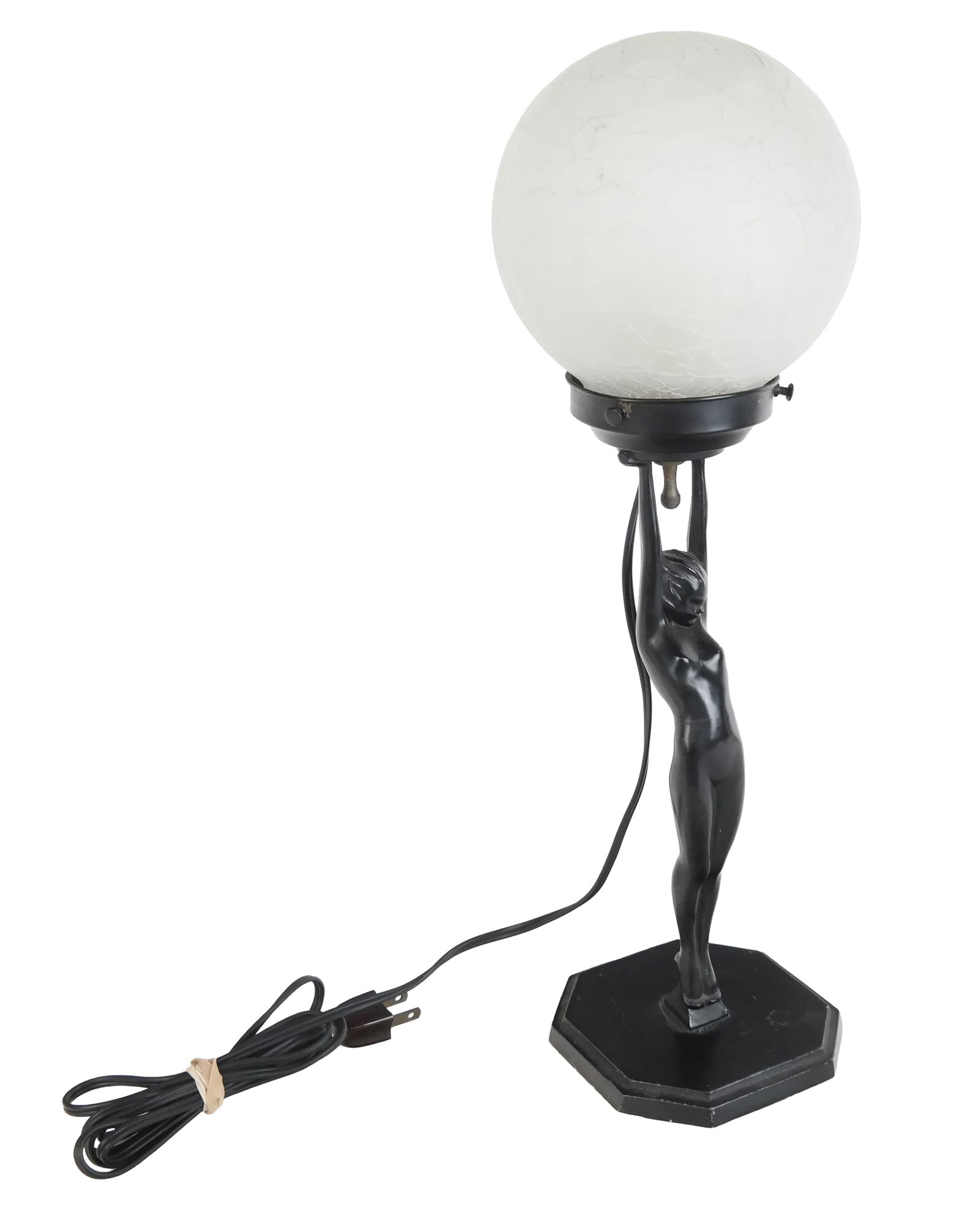 Frankart Art Deco Figural Lamp: Frankart Art Deco patinated metal figural lamp, 1927, with a crackle boulle shade and a patinated figural stand with a base, marked Frankart and 27 to one side. [18.25" H x 6.25"]. Condition is good w