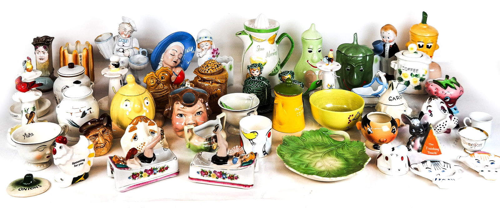 Group PY, Lefton, and Other Porcelain: Large group PY, Lefton, and other porcelain, Japan, mid-20th century comprising spoon stands, toothpick holders, cannisters etc., mostly unmarked. Condition as is with scattered light wear commensurat