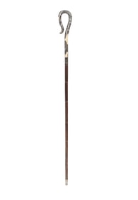 Wood, Silver, Metal & Bone Crook Walking Stick