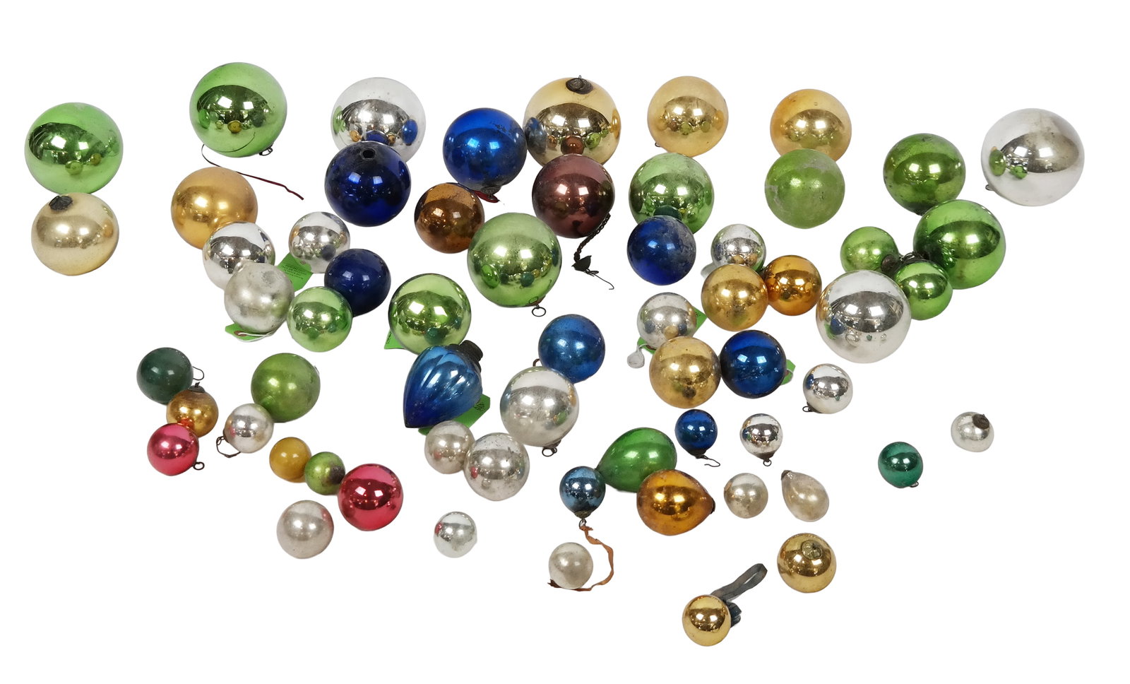 Group of Glass Witch's Balls and Ornaments, 61: Group of 61 mercury glass and colored reflective glass and glass witch's balls and ornaments, in various sizes in blues, greens, golds, silvers and reds. [Range: 4.5" Diameter to 1.5" Diameter]. Overa