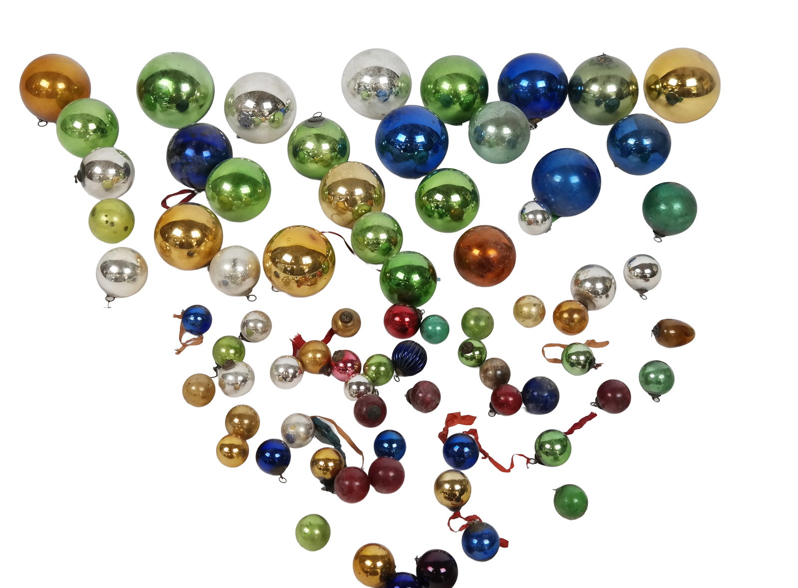 Group of Glass Witch's Balls and Ornaments, 61: Group of 61 mercury glass and colored reflective glass and glass witch's balls and ornaments, in various sizes in blues, greens, golds, silvers and reds. [Range: 4.5" Diameter to 1.5" Diameter]. Overa