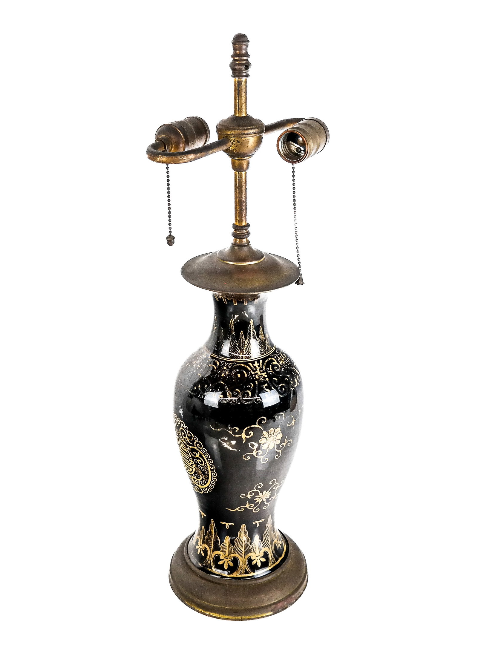 Chinese Famille Noire Porcelain Lamp: Chinese famille noire drilled vase mounted as a lamp, in black porcelain with gilt designs. [24" H x 6" Diameter].