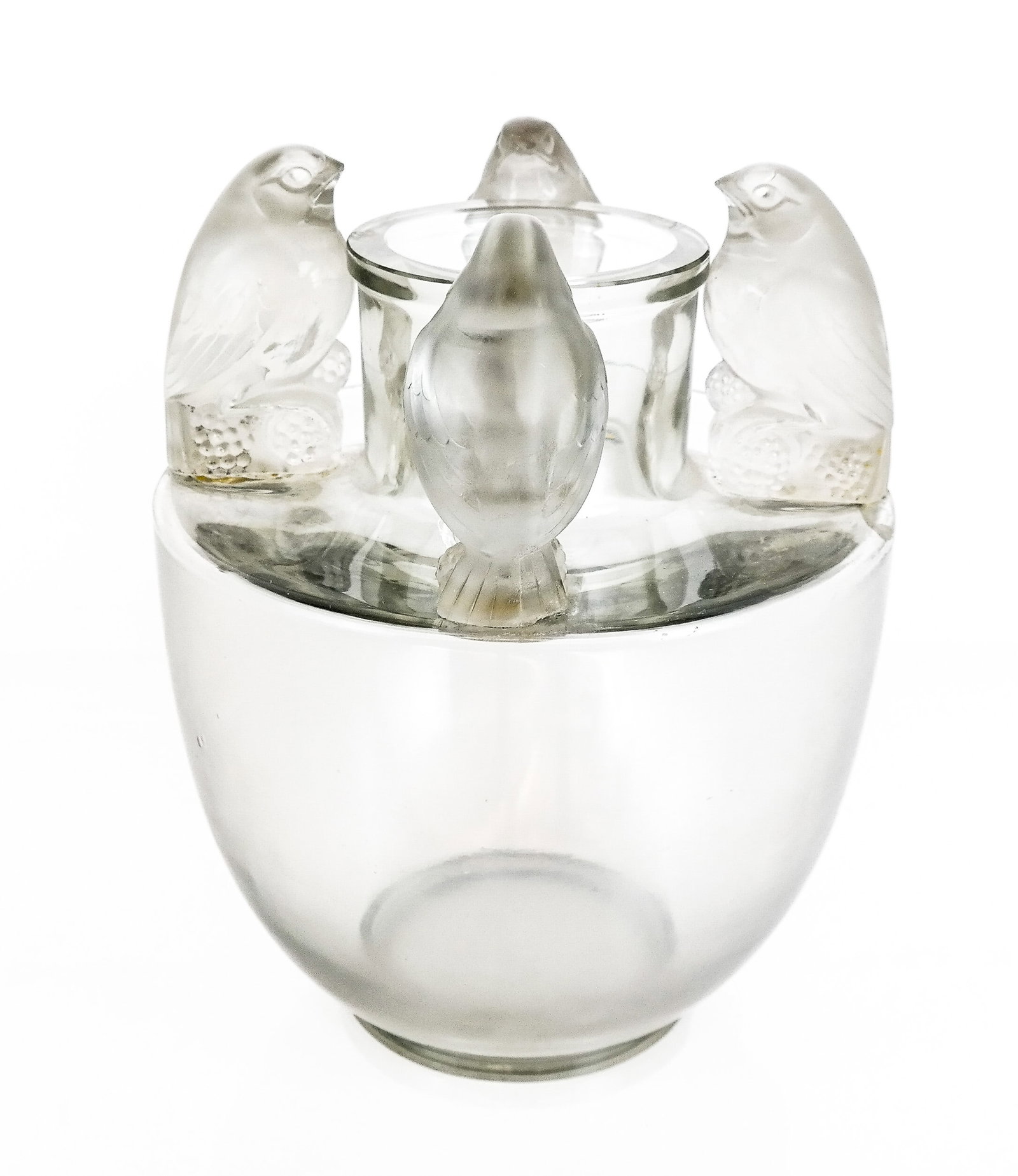 René Lalique 'Bellecour' Vase: René Lalique (French, 1860-1945) "Bellacour" vase with four frosted glass birds perched atop berries and around the central lip, marked R. Lalique to base. [12" H x 9.75" Diameter]. Condition is good