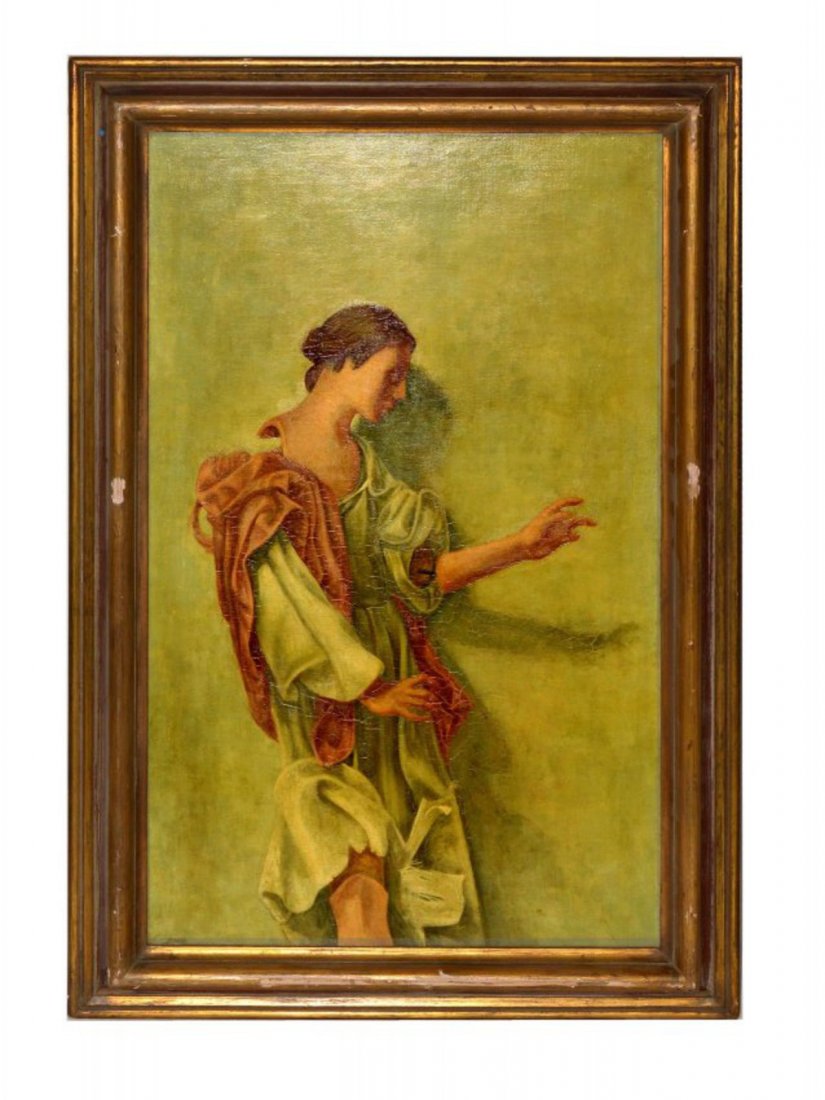 Stephen Greene [1917 - 1999] - The Doll: Oil on canvas of a mechanized Roman doll. Paint has purposeful splitting and cracking. Sign lower left "Greene". Title is written on verso frame. Gallery label on verso. Art: 23 1/4" x 39 1 /2"H. Fram