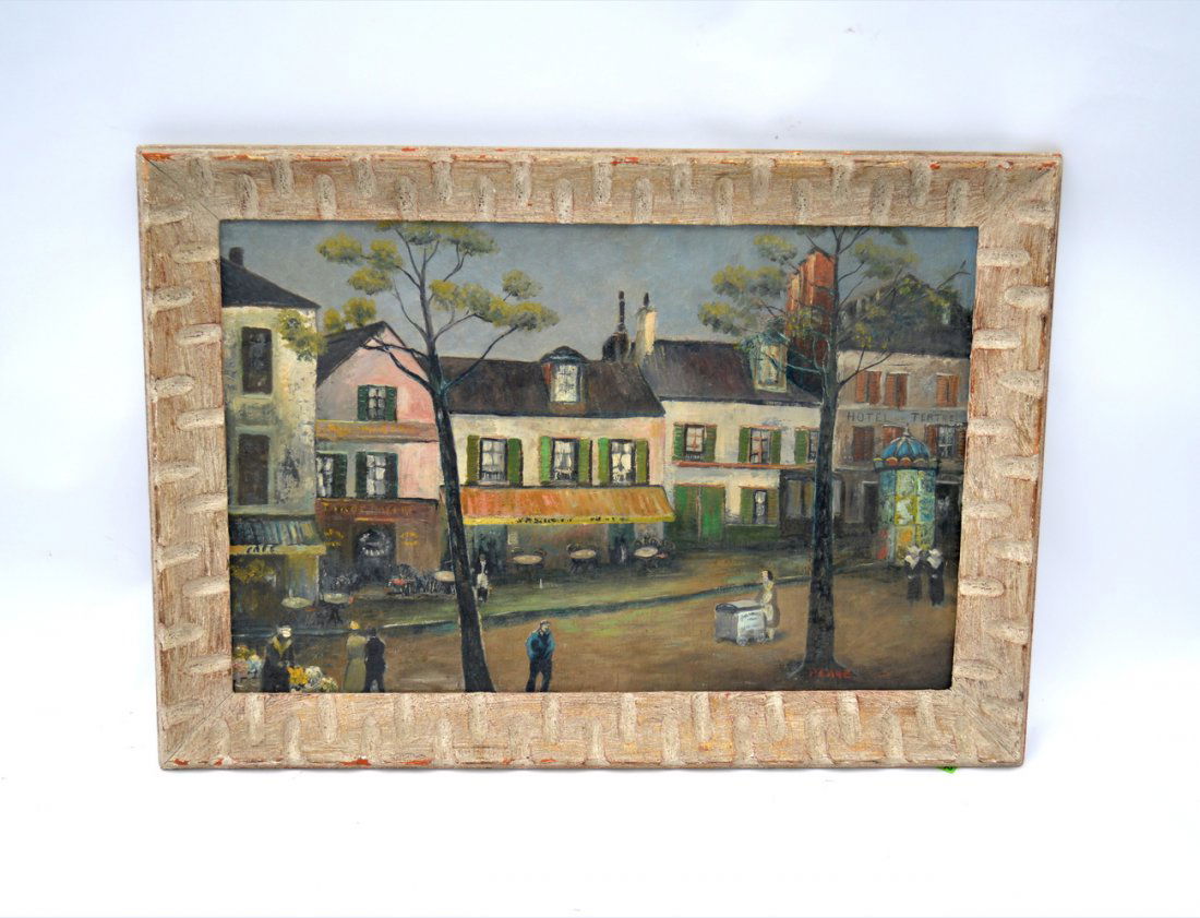 P. Cane, Oil on Masonite - French Street Scene: Depicts wood frame two and three story shop buildings with cafe and figures walking about. Signed bottom right: "P. Cane". Light soiling and craquelure. [Art: 18 1/2" x 28 1/2"; Frame: 24" x 34"]