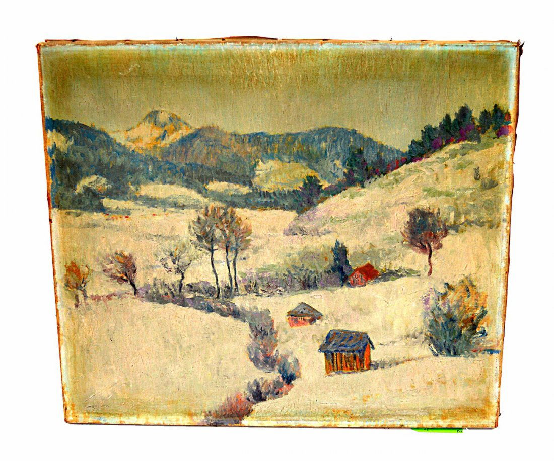 [After] Fritz Lederer, Oil on Canvas: Depicts three small cottages in a mountain valley winter scene. Faintly signed and dated: "Fritz Lederer 1913." Unframed. Soiling, frame abrasions at edges, and small areas of paint loss. [Art: 24" x