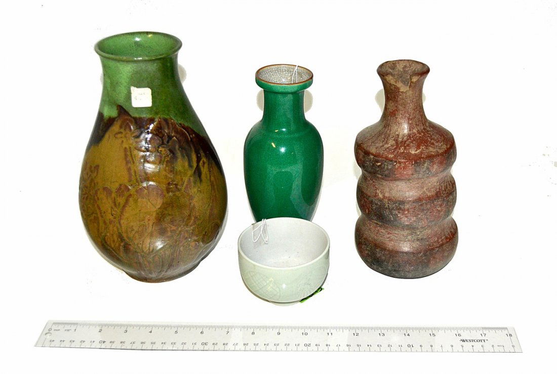 Five Pieces Assorted Asian Ceramics: Comprises: 1.) Chinese earthenware vase with low relief, floral decor, and mottled glaze [10" H] 2.) Antique terra cotta bottle with two bands of horizontal fluting [9" H] 3.) Japanese green crackle g