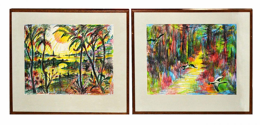 Melohs, Two Colored Pencil Drawings on Paper: Comprises: 1.) Tropical harbor scene with sun low in sky. Signed bottom right: "Melohs. Mounted on board. [Art: 14" x 17"; Frame: 30 5/8" x 22 5/8] 2.) Geese in abstracted woodland scene. Signed botto