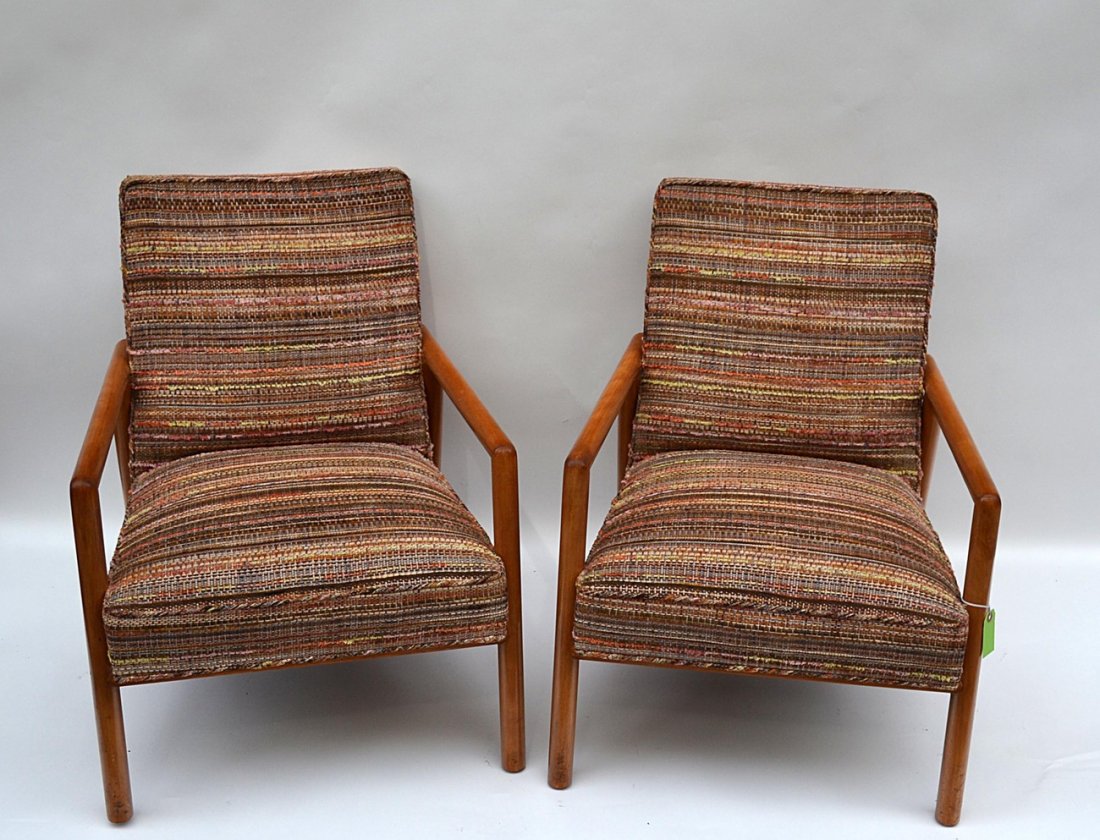Pair of T.H. Robsjohn Gibbings Style Chairs: Pair of modern open arm chairs, multicolor upholstery, Robsjohn Gibbings. [21" (inside arms) x 30 1/2" H]