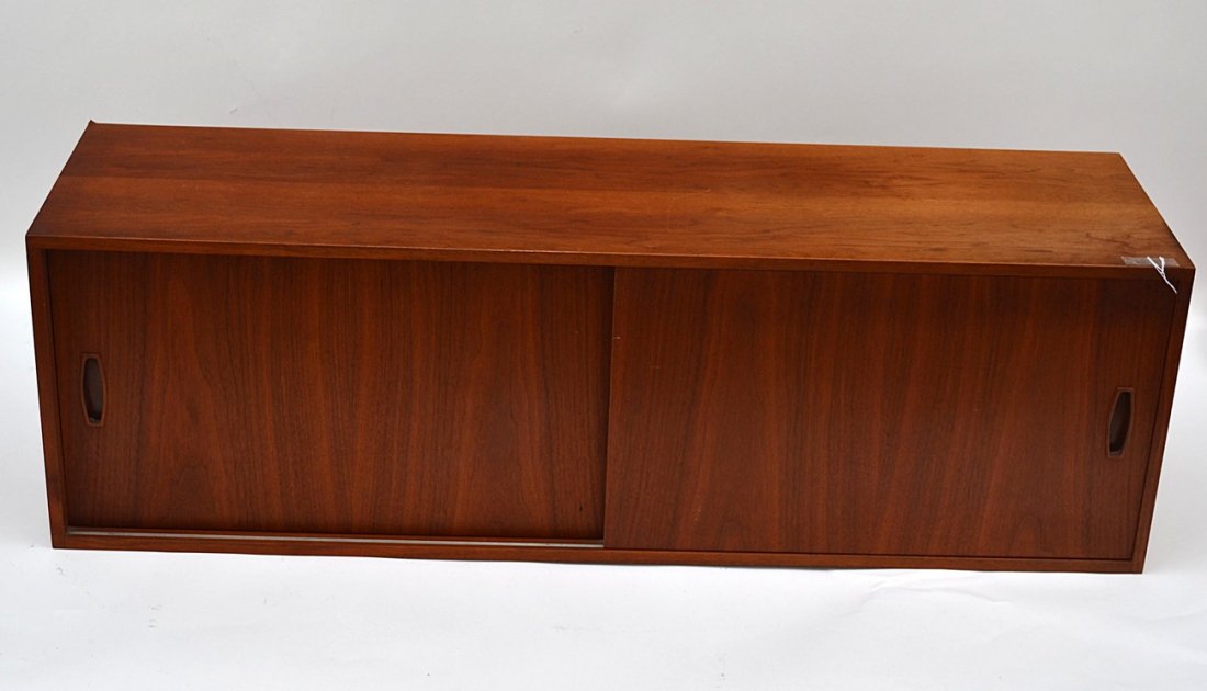 Modern Wall Cabinet: Danish modern style hanging wall cabinet with two sliding doors. [15" x 13" x 48" H]