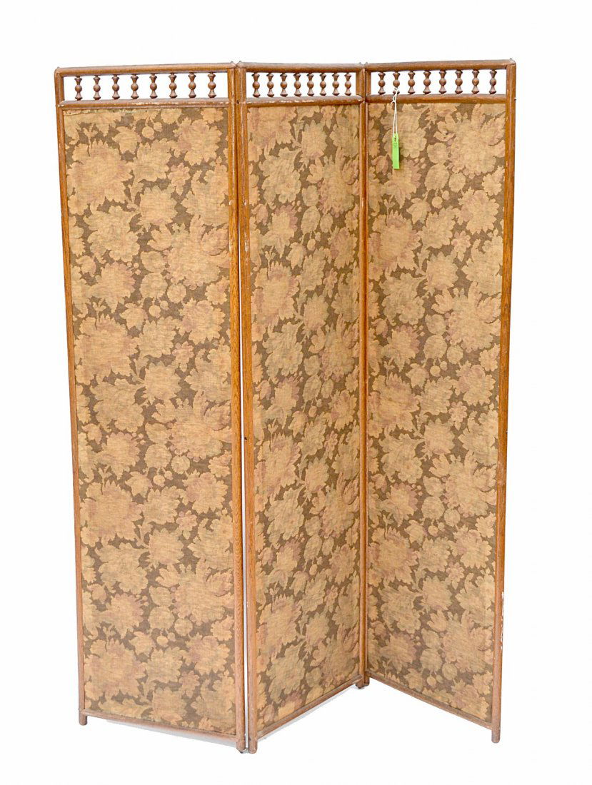 Three Fold Aesthetic Screen: Bamboo style, spindle form, three fold screen. Fabric as is. Losses. [Each panel: 65" H x 17 1/2" L]