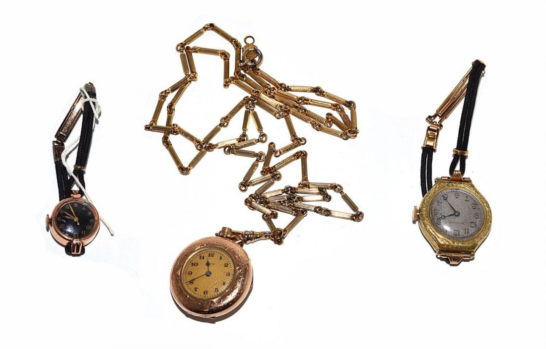 Three Vintage Women's Watches: Gold-tone watches including: an Elgin pocket watch on 36" chain [end to end]. A Hamilton wrist watch with gold-fill clasp and a Wyler wrist watch with Swiss movement and gold fill clasp. All sold as i