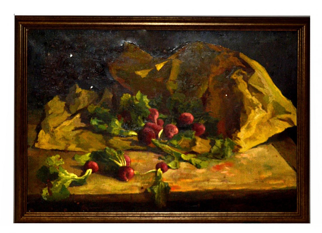 F. Barascuitti, Radishes: Framed oil on canvas, still life of radishes. Flaking, craquelure. [Art: 19" x 26"; Frame: 22 1/2" x 30 1/2"]. Provenance - Prima Vera Restaurant.