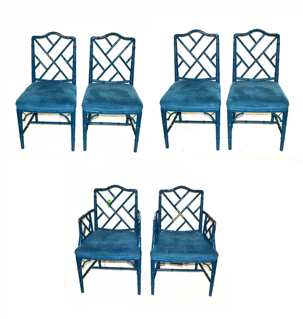 Six Yale Berge Manner Chairs: Set of six bamboo style openwork chairs, blue painted, two arm and four side chairs, much paint loss.