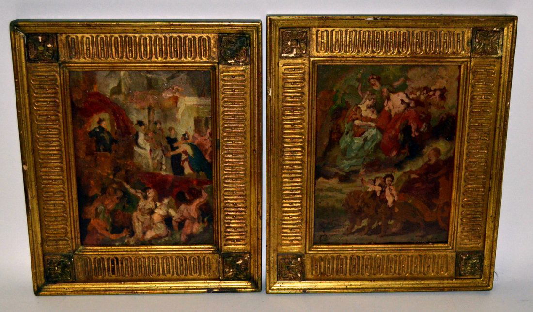 Two E. H. Blashfield Oils on Board: Pair of semi-abstract oil compositions based upon two works by Peter Paul Rubens. Unsigned. One bears scratches and scuffs at lower left. [One: 10" x 7 1/2"; Other: 9 3/4"; In frames approx: 15 1/4" x