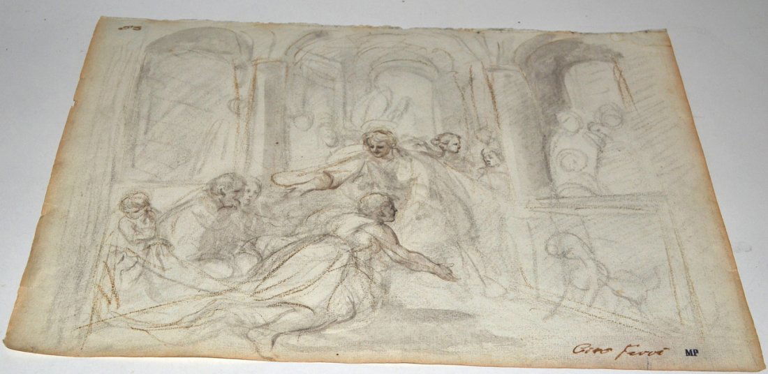 After Ciro Ferri, Charcoal & Wash - Biblical Scene: Sketch possibly depicting Christ among the sick. Inscribed: "Ciro Ferri" at bottom right with: "MP" collector's stamp. Uneven age-toning [pronounced at edges], smudges, and short tears at left edge. [
