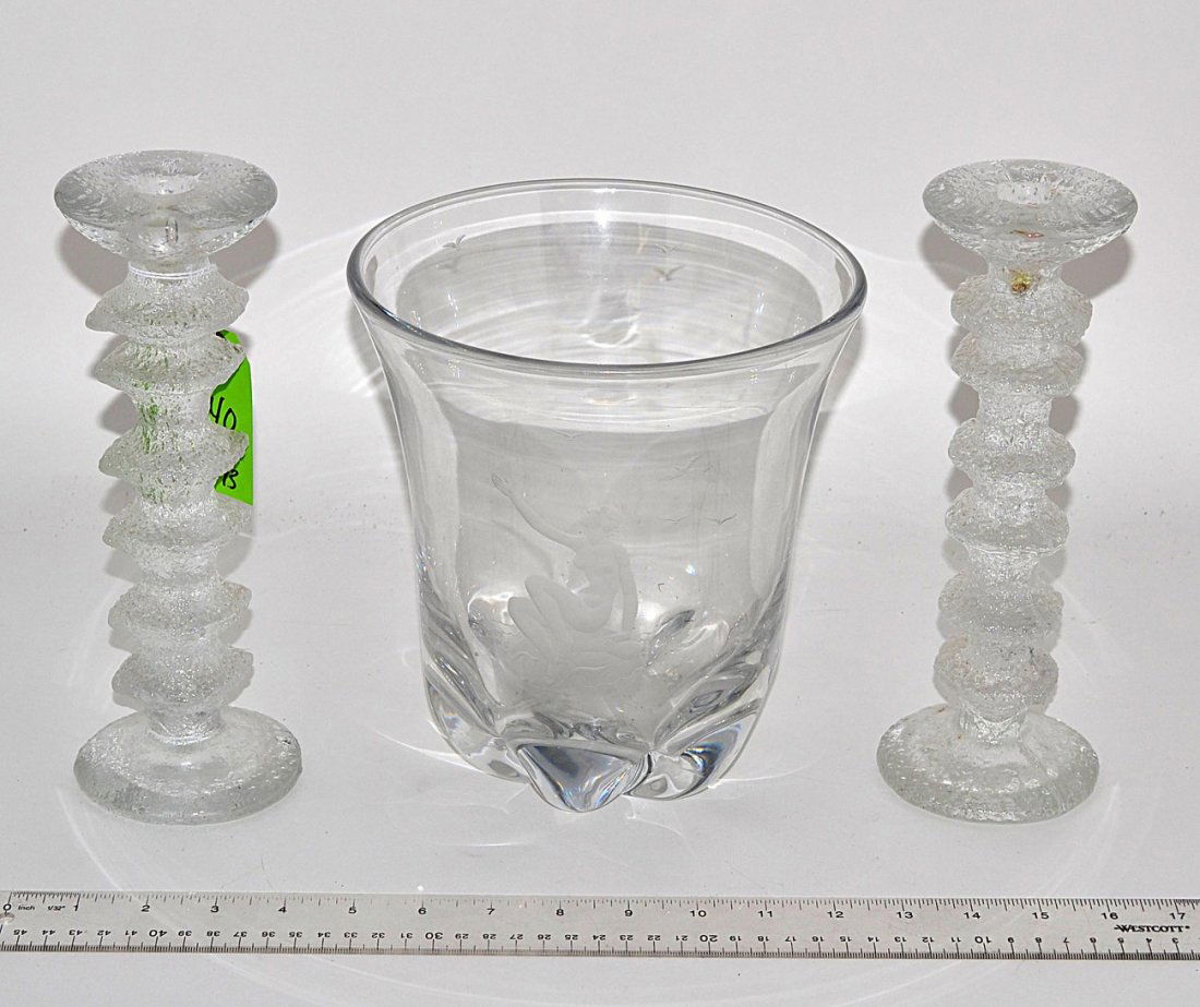 Orrefors Vase & Two Candlesticks: Modern glass vase, engraved with a classical female nude, together with a pair of frosted style glass candlesticks. Overall good condition. [Tallest: 9 1/2" H]