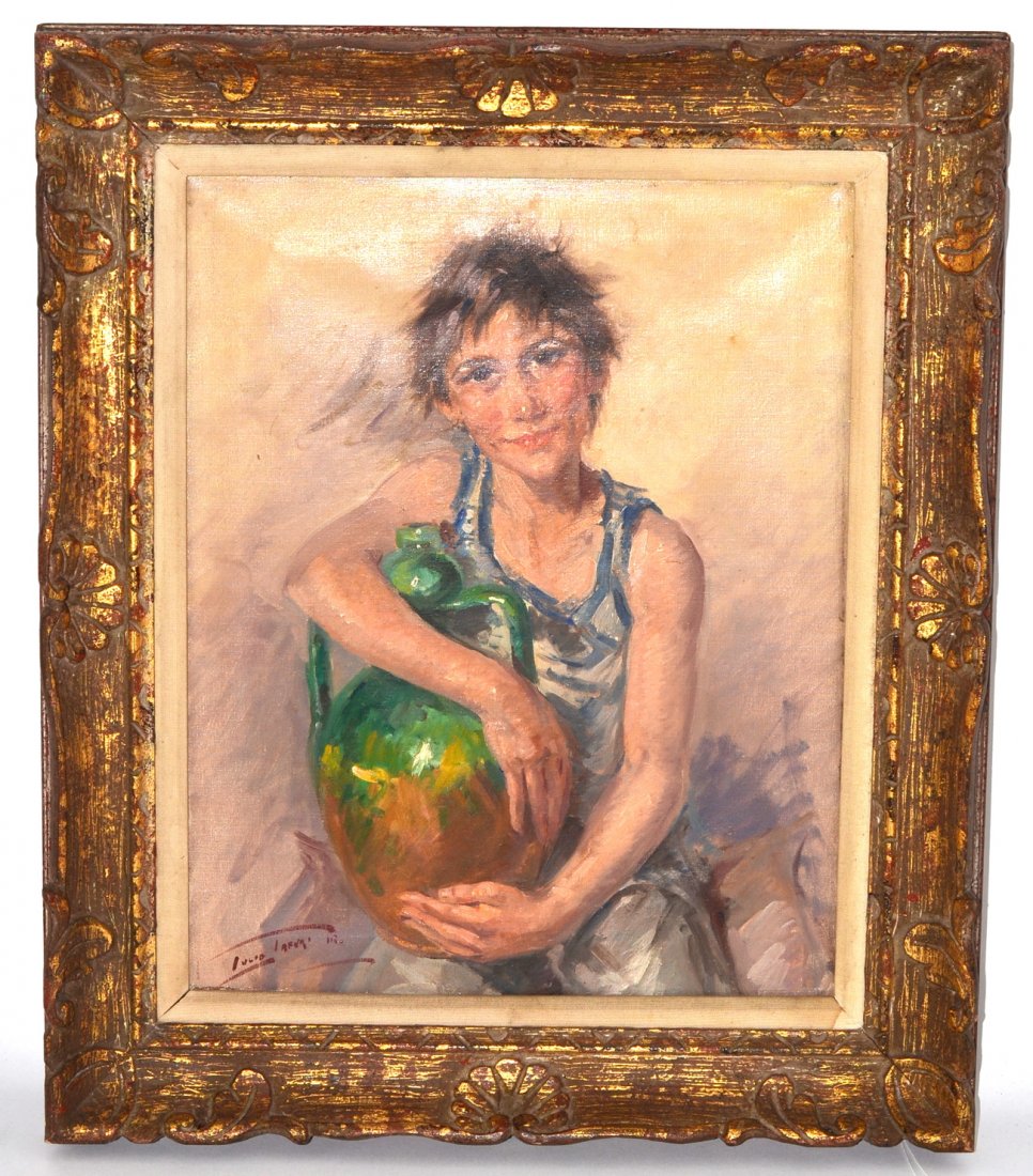 Tafuri, Portrait of a Woman: Framed oil on canvas portrait of a woman, holding an urn. Overall good condition, from the Prima Vera Restaurant. [Art: 16" x 20"; Frame: 22 1/4" x 26 1/2"]