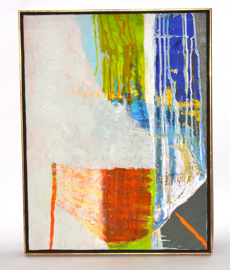 Robert Keyser, Oil on Canvas: Abstract composition with textured pigments and drip elements. Signed bottom center: "Robert Keyser / '60." Stretcher bears Paul Rosenberg & Co. Gallery label. Few minor scuffs. [Art: 25 1/4" x 19 1/4