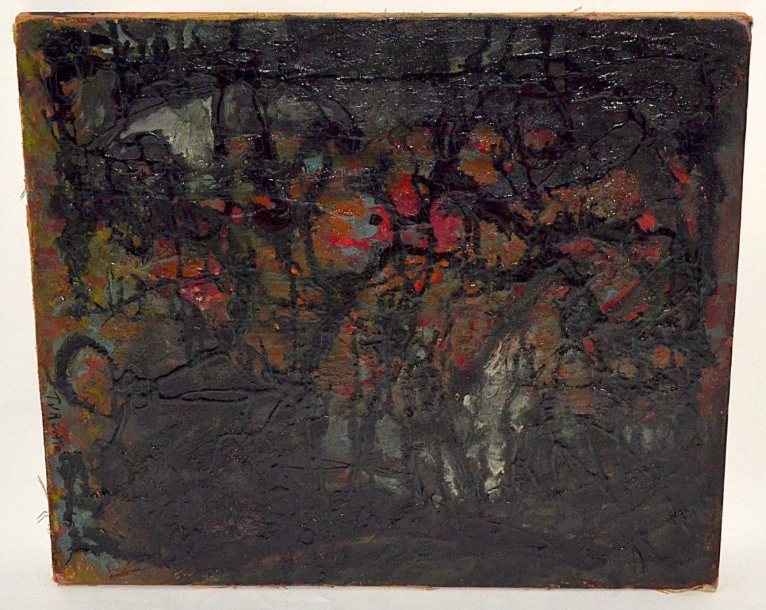 After Giulio Turcato, Mixed Abstract: Canvas laid on masonite. Abstract composition of black dripped paint over a mottled background. Inscribed: "Turcato" at bottom right. Unframed. Wear at edges. [Art: 14 1/4" x 16 1/2"]