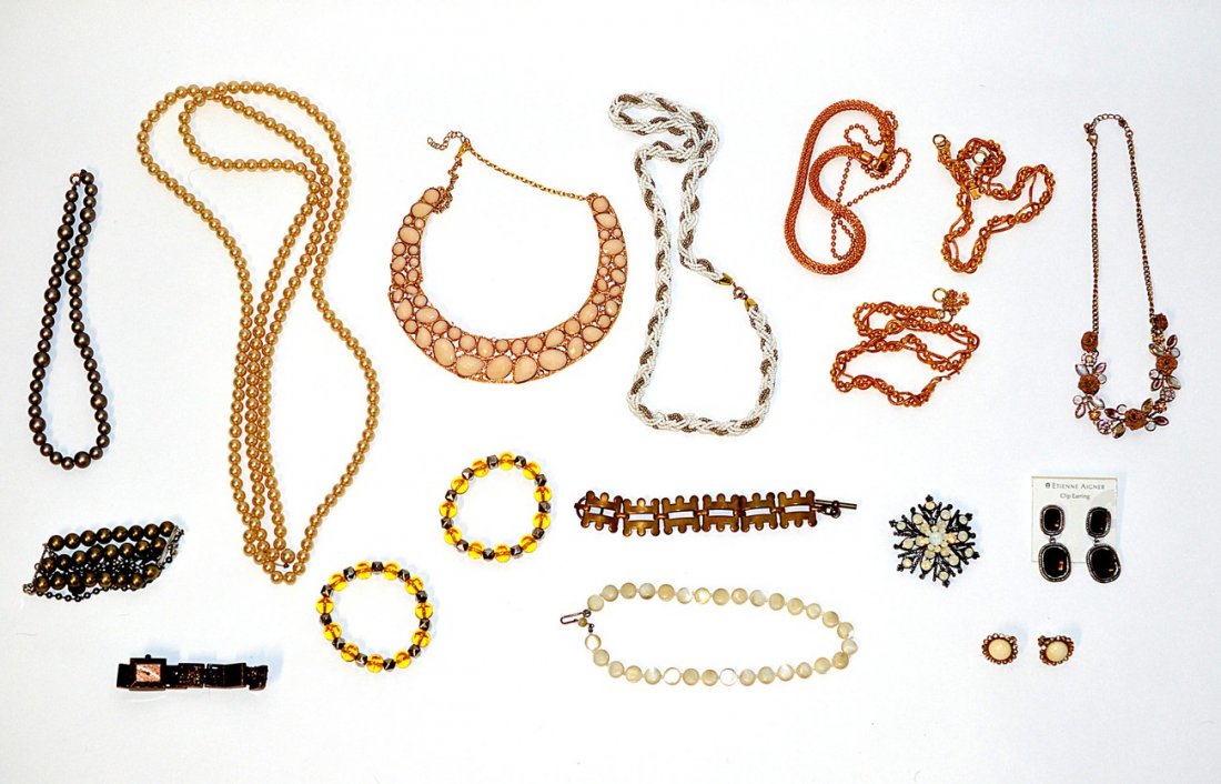 Costume Jewelry: Includes gold-tone and opal pearls and beads necklaces, bracelets, earring, and pins. Some vintage.