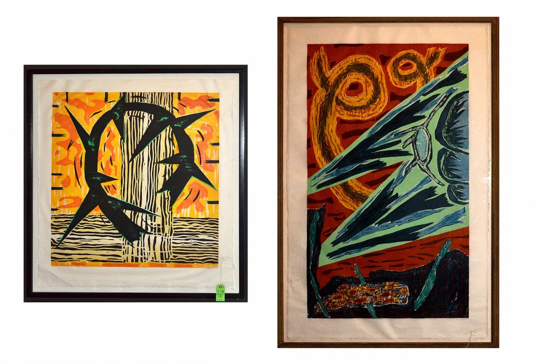 Two Gregory Amenoff, Abstract Lithographs: Two lithographs, each framed. Abstract. Edition numbers: 17/35 and 19/38. By the same artist (illegible signature). Some losses, overall good condition. [Lithograph only: 37" x 55" & 34" x 31"; Larges