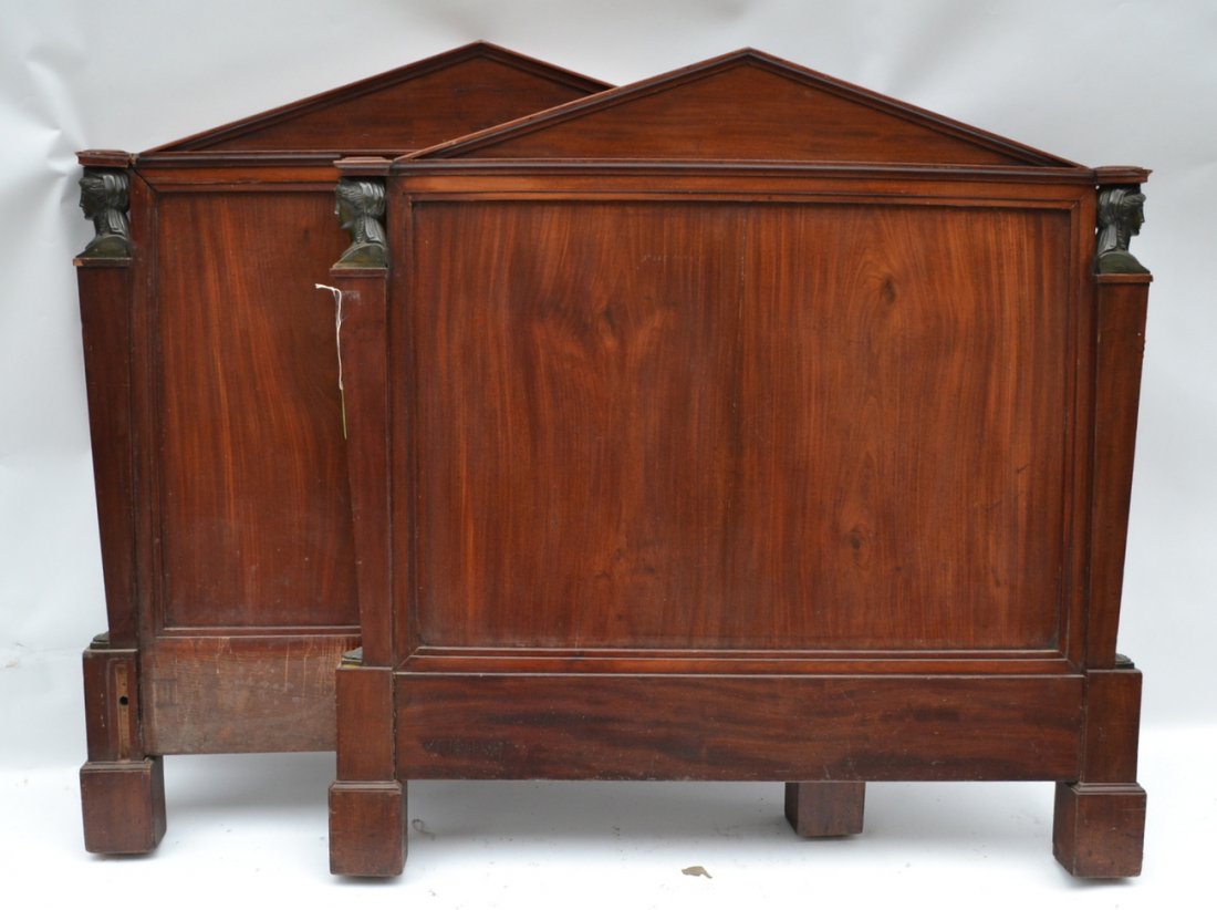 Empire Mahogany Daybed: Empire mahogany daybed. Having female head and feet, bronze mounts. Losses and chips. [48" x 48" each]