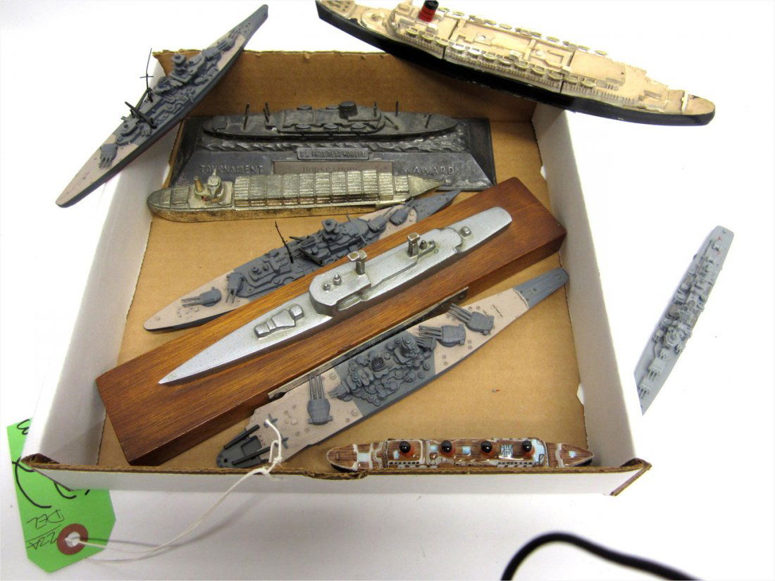 Eleven Assorted Ship Models and Miniatures: Comprises: metal, plastic, and porcelain. Includes an S.S. President Hoover Tournament Award to "Horse Shoes," commemorative sculpture for the U.S.S. Truxton [164], a Limoges porcelain box depicting t