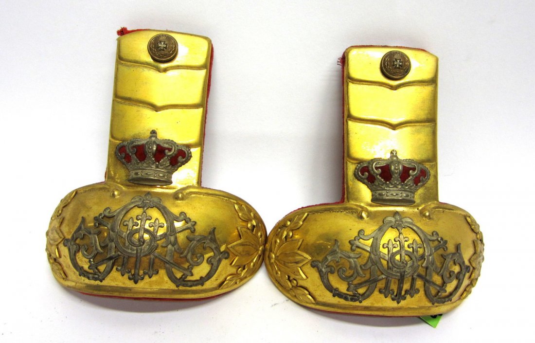 Pair of Edwardian Parcel Gilt Military Epaulettes: Each bear an open-work cypher, gilt oak leaves, and crown. Minor wear. [5" W x 4 1/2" D x 1 7/8" H]