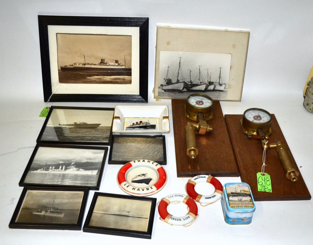 Vintage Naval and Cruise Ship Ephemera [14]: Naval ships include PT boat, WWI-era submarines, and WWI battleships. Cruise ship ephemera includes ash receivers, photos, and others. Ships include: TSS Olympia, S.S. Empress of England, Le Havre, Qu