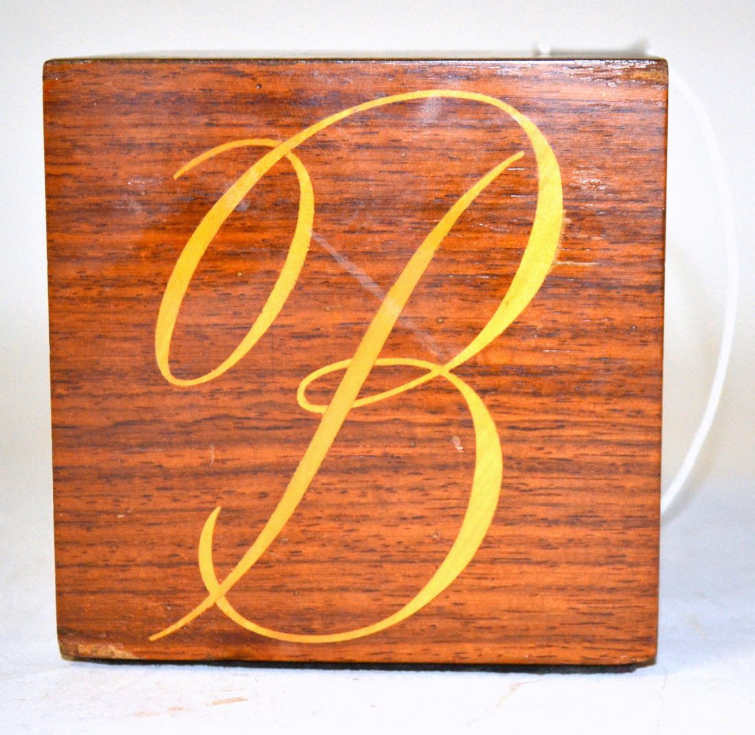 Andrew Szoeke Letter Cube: Features contrasting marquetry inlay depicting the letter: "B" in multiple fonts. 4" cube. Wear at edges, otherwise complete.