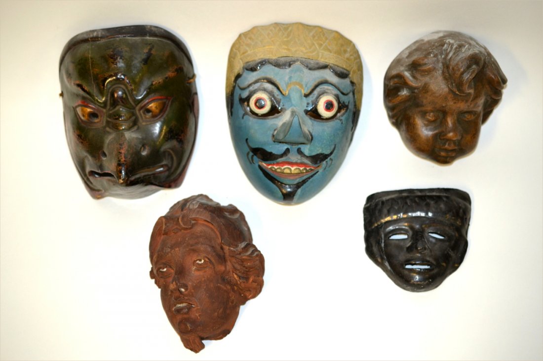 International Ethnic Mask Lot: Comprises of Indian, European, and Meso-American exmaples. Sizes from 4 5/8"H to 8"H. 5 items total.