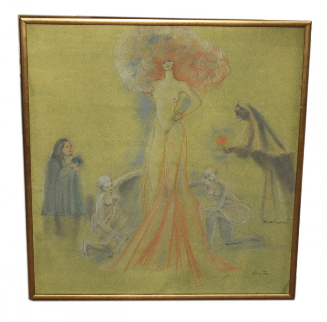 Leonor Fini, Mixed Media- Dress Fitting: Surreal composition of a woman with seamstresses and other attendants. Signed lower right "Leonor Fini", accomplished in watercolor, pastel, and pencil. Art: 31 3/4"H x 29 3/4"W; Frame: 33 1/4"H x 31 