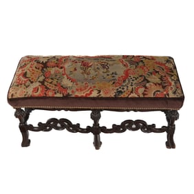 Jacobean Carved Walnut and Needlepoint Bench