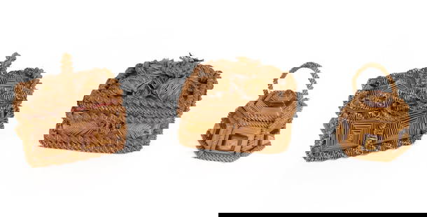 Three Victorian Straw Baskets: Three Victorian straw baskets, early 20th century, comprising a woven basket with pinecone and florette decoration to lid, a Victorian handled basket with pyramid and spiral decoration, and an octagon