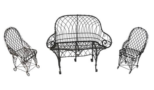 Victorian Diminutive/Doll Wire Furniture, 3: Three articles of Victorian diminutive or doll furniture comprising a settee and two side chairs with elaborately scrolled details throughout. [10.5" H x 13" W x 6" D]. Condition is good. From the Col