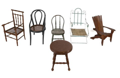 Antique Assorted Diminutive/Doll Furniture, 6: Six articles of diminutive or doll furniture comprising a Victorian turned bamboo and caned armchair, a painted stool, an Adirondak chair, a bentwood chair with a caned seat, a green-painted chair, an