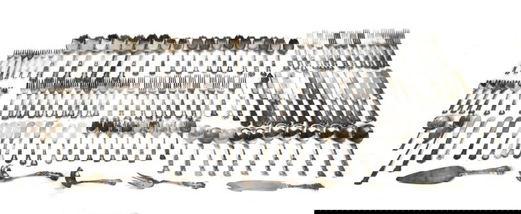 Gorham sterling silver "Buttercup" pattern flatware service, comprising 7 serving spoons, 12: Gorham sterling silver "Buttercup" pattern flatware service, comprising 7 serving spoons, 12 tablespoons, 6 cream soup spoons, 5 bouillon spoons, 9 teaspoons, 12 dinner knives, 12 dinner forks, 11 lun