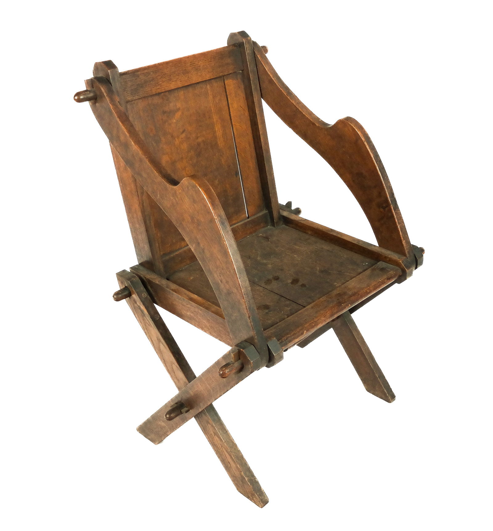 Victorian Oak Ecclesiastical Armchair: Victorian oak ecclesiastical armchair, probably English, late 19th century, with wood joinery. [34" H x 27" W x 32" D, Seat Height: 16"]. Overall condition is good/fair, with cracks to seat and back.