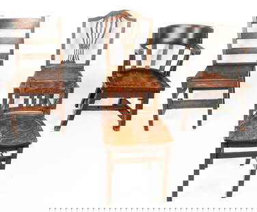Four Mission Oak Chairs: Four Mission oak chairs comprising a piano stool, captain?s chair, lyre-back side chair, and ladder back side chair, mostly early 20th century, mark to piano stool ?Grand Rapids?, [Captain?s Chair: 31