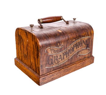 The Gramophone Columbia Oak Case: Columbia Phonograph - The Gramophone with an oak case, early 20th century. Much loss to case.