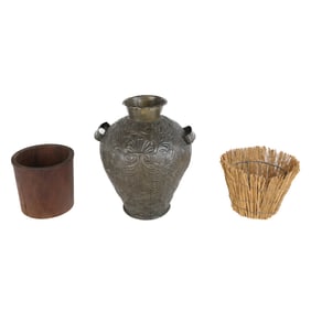 Two Cache Pots and a Mexican Pressed Brass Vase